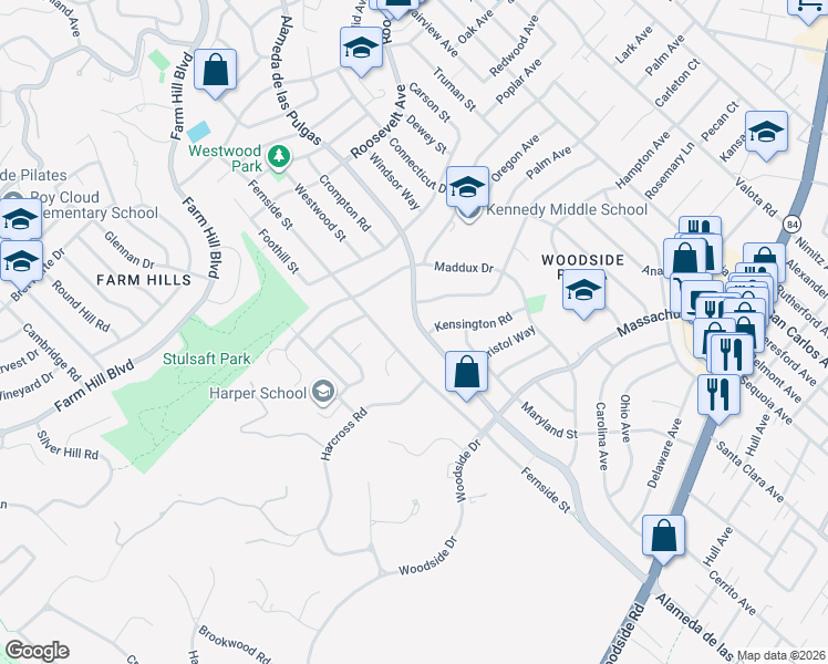 map of restaurants, bars, coffee shops, grocery stores, and more near 1580 Alameda de las Pulgas in Redwood City