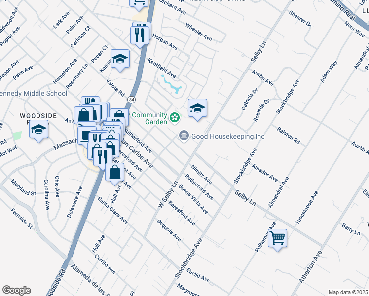 map of restaurants, bars, coffee shops, grocery stores, and more near 347 Nimitz Avenue in Redwood City