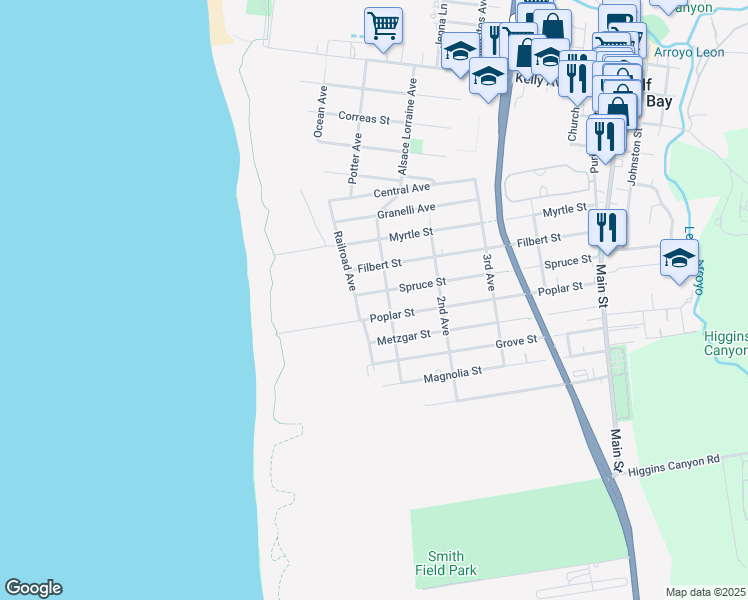 map of restaurants, bars, coffee shops, grocery stores, and more near 851 Railroad Avenue in Half Moon Bay