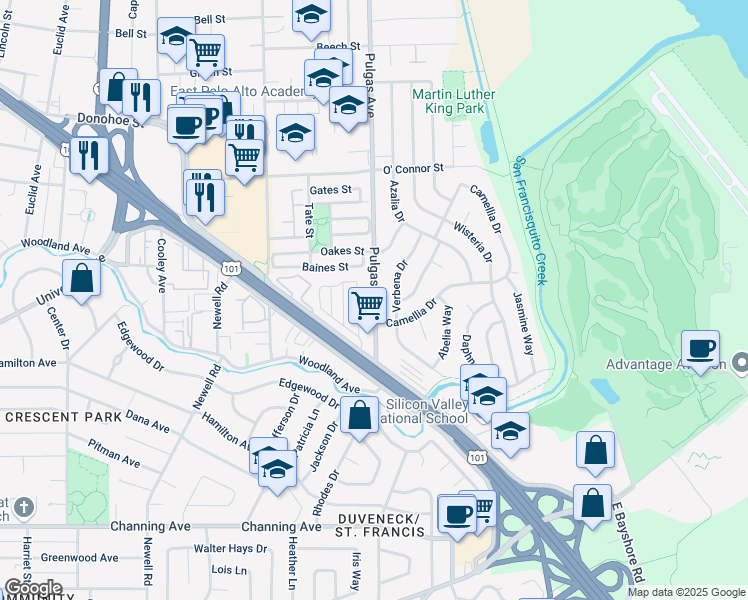 map of restaurants, bars, coffee shops, grocery stores, and more near 1957 Pulgas Avenue in East Palo Alto