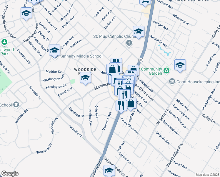map of restaurants, bars, coffee shops, grocery stores, and more near 1919 Kentucky Street in Redwood City
