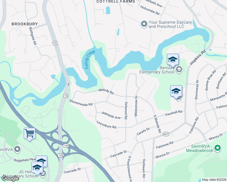map of restaurants, bars, coffee shops, grocery stores, and more near 4629 Melody Road in Richmond