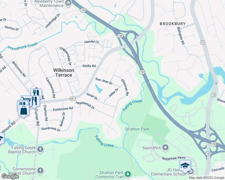 map of restaurants, bars, coffee shops, grocery stores, and more near 4340 Jalee Drive in Richmond