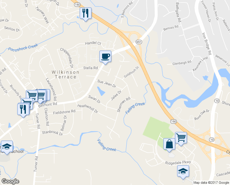 map of restaurants, bars, coffee shops, grocery stores, and more near 4340 Jalee Drive in Richmond