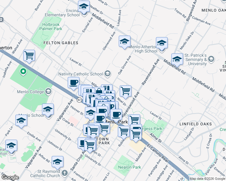 map of restaurants, bars, coffee shops, grocery stores, and more near 445 Oak Grove Avenue in Menlo Park