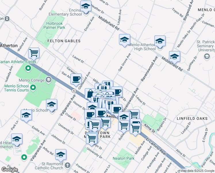 map of restaurants, bars, coffee shops, grocery stores, and more near 445 Oak Grove Avenue in Menlo Park