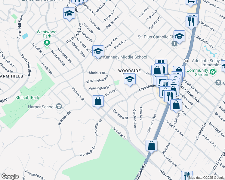 map of restaurants, bars, coffee shops, grocery stores, and more near 2716 Bristol Way in Redwood City