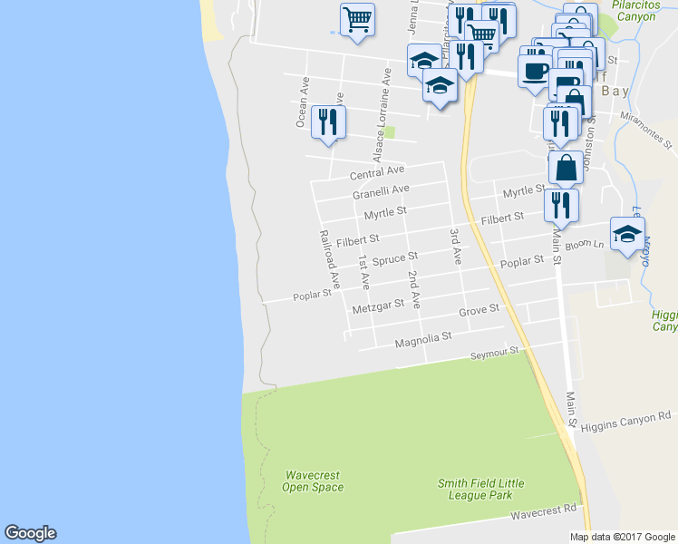 map of restaurants, bars, coffee shops, grocery stores, and more near 851 Railroad Ave in Half Moon Bay