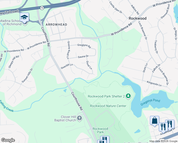 map of restaurants, bars, coffee shops, grocery stores, and more near 10310 Seacliff Lane in Richmond