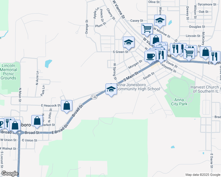 map of restaurants, bars, coffee shops, grocery stores, and more near 608 South Main Street in Anna