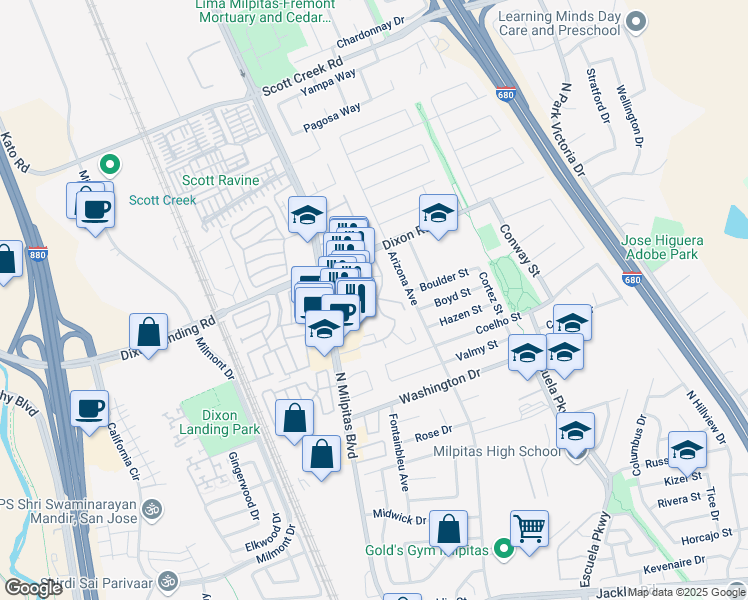 map of restaurants, bars, coffee shops, grocery stores, and more near 1775 Sunnyhills Court in Milpitas