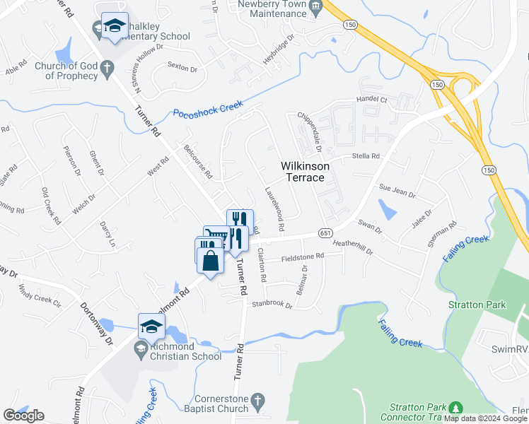 map of restaurants, bars, coffee shops, grocery stores, and more near 6002 Belrun Place in Richmond