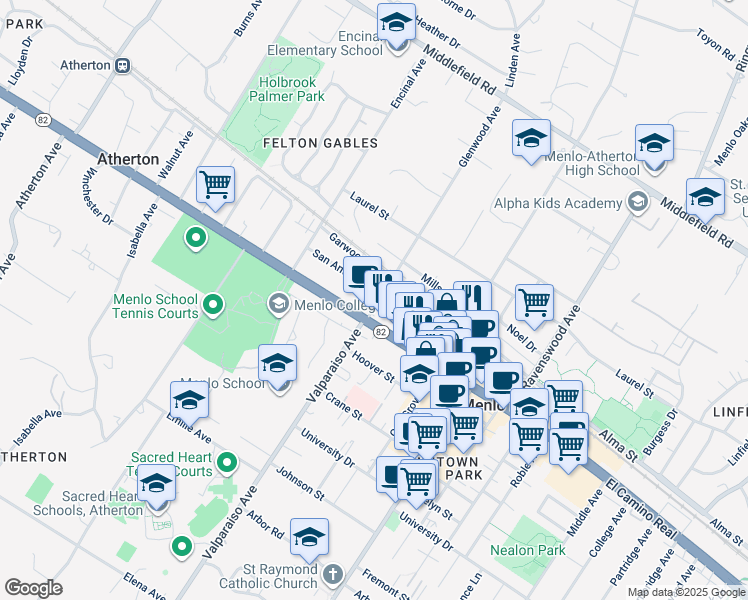 map of restaurants, bars, coffee shops, grocery stores, and more near 550 Glenwood Avenue in Menlo Park