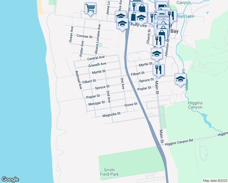 map of restaurants, bars, coffee shops, grocery stores, and more near 429 Poplar Street in Half Moon Bay