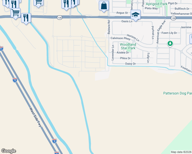 map of restaurants, bars, coffee shops, grocery stores, and more near 16215 Baldwin Road in Patterson
