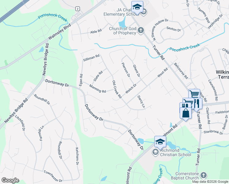map of restaurants, bars, coffee shops, grocery stores, and more near 6901 Manning Road in Chesterfield