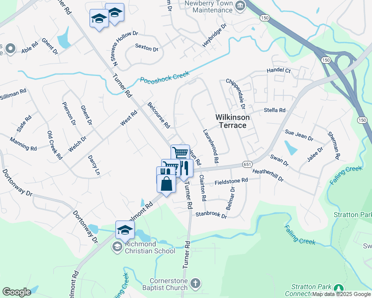 map of restaurants, bars, coffee shops, grocery stores, and more near 6200 Walderbrook Road in Richmond