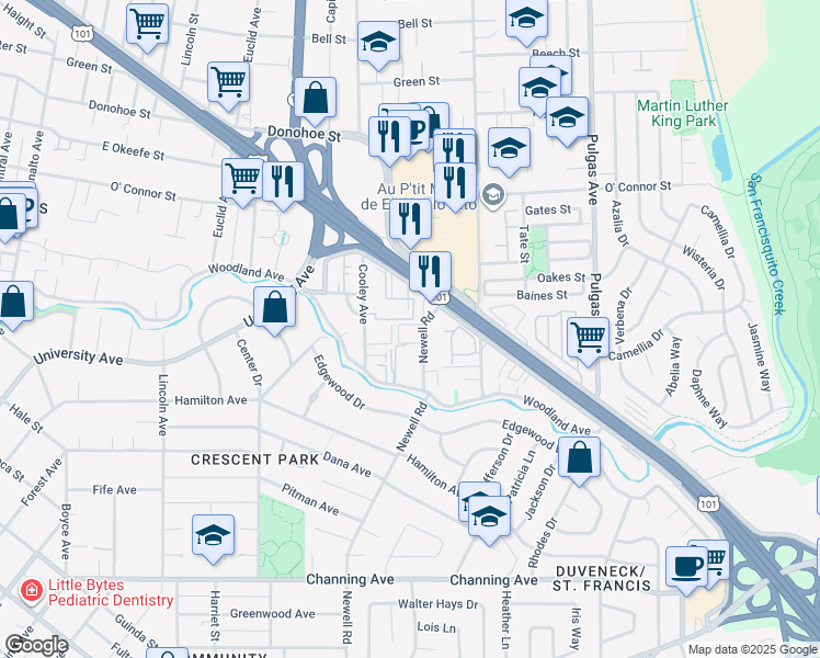 map of restaurants, bars, coffee shops, grocery stores, and more near 55 Newell Road in East Palo Alto
