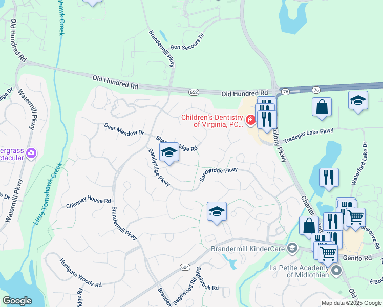 map of restaurants, bars, coffee shops, grocery stores, and more near 13907 Shadow Ridge Road in Midlothian