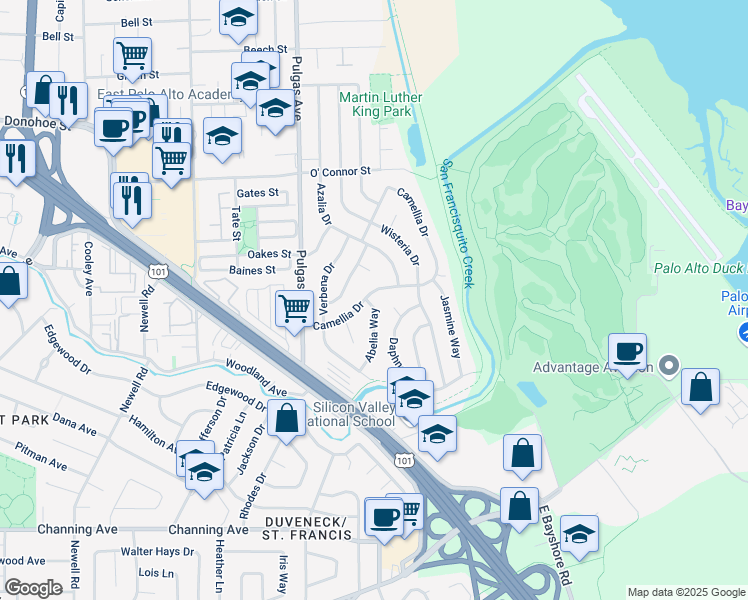 map of restaurants, bars, coffee shops, grocery stores, and more near 172 Abelia Way in East Palo Alto