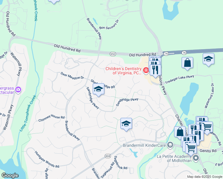 map of restaurants, bars, coffee shops, grocery stores, and more near 13907 Shadow Ridge Road in Midlothian