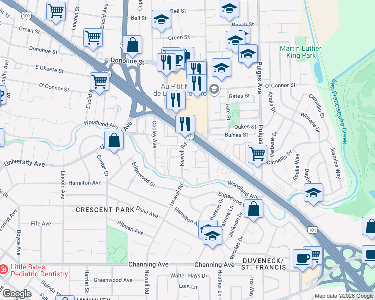map of restaurants, bars, coffee shops, grocery stores, and more near 66 Newell Road in East Palo Alto