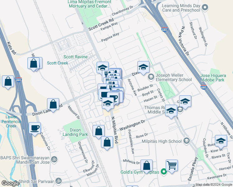 map of restaurants, bars, coffee shops, grocery stores, and more near 1828 North Milpitas Boulevard in Milpitas