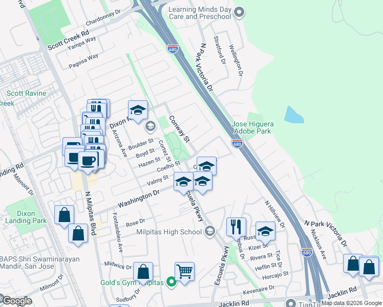 map of restaurants, bars, coffee shops, grocery stores, and more near 415 Coelho Street in Milpitas