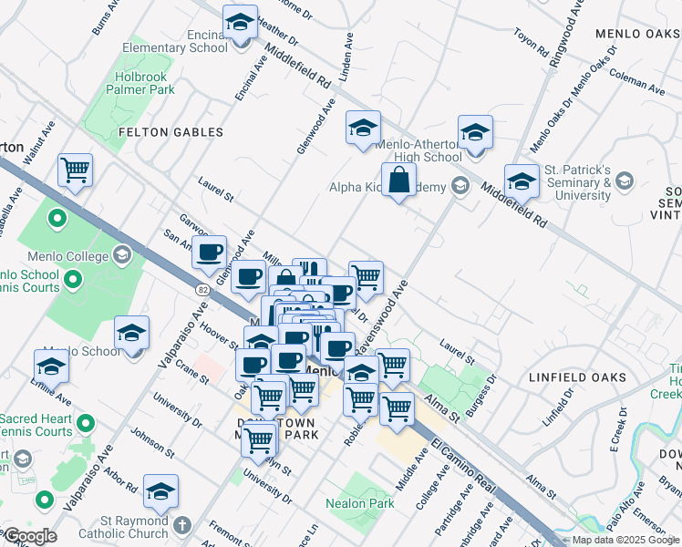 map of restaurants, bars, coffee shops, grocery stores, and more near 1201 Noel Drive in Menlo Park
