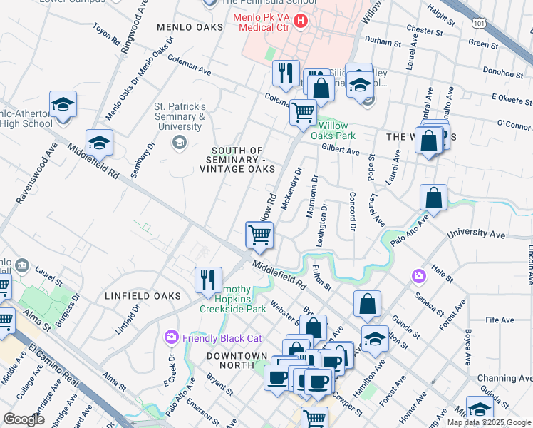 map of restaurants, bars, coffee shops, grocery stores, and more near 200 Willow Road in Menlo Park