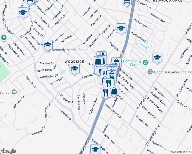 map of restaurants, bars, coffee shops, grocery stores, and more near 1919 Kentucky Street in Redwood City