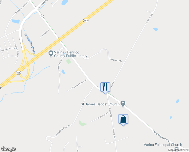 map of restaurants, bars, coffee shops, grocery stores, and more near 1980 New Market Road in Henrico