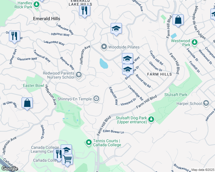 map of restaurants, bars, coffee shops, grocery stores, and more near 3902 Bret Harte Drive in Redwood City