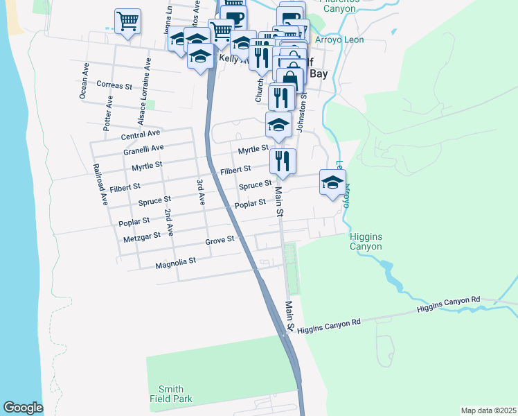 map of restaurants, bars, coffee shops, grocery stores, and more near 624 Poplar Street in Half Moon Bay