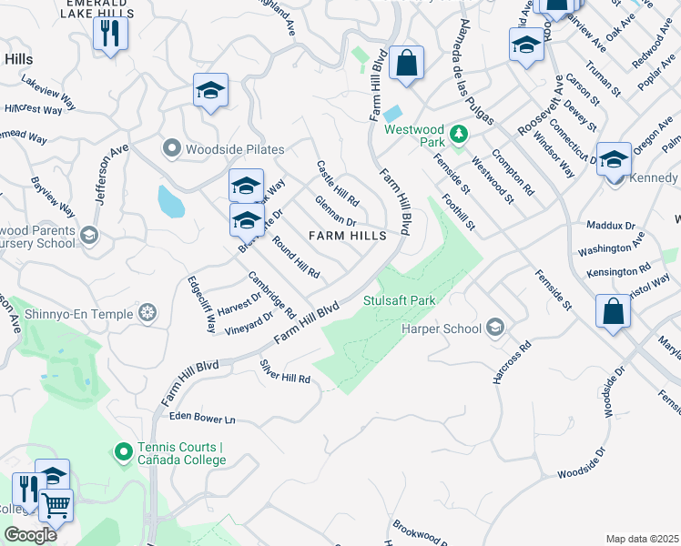 map of restaurants, bars, coffee shops, grocery stores, and more near 3760 Country Club Drive in Redwood City