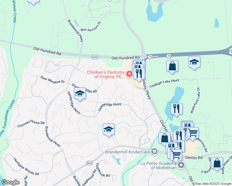 map of restaurants, bars, coffee shops, grocery stores, and more near 13815 Garrison Place Drive in Midlothian