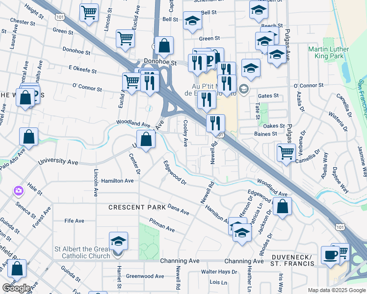 map of restaurants, bars, coffee shops, grocery stores, and more near 1931 Cooley Avenue in Palo Alto