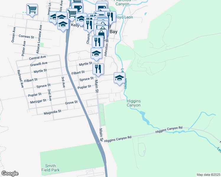 map of restaurants, bars, coffee shops, grocery stores, and more near 38 Arnold Way in Half Moon Bay