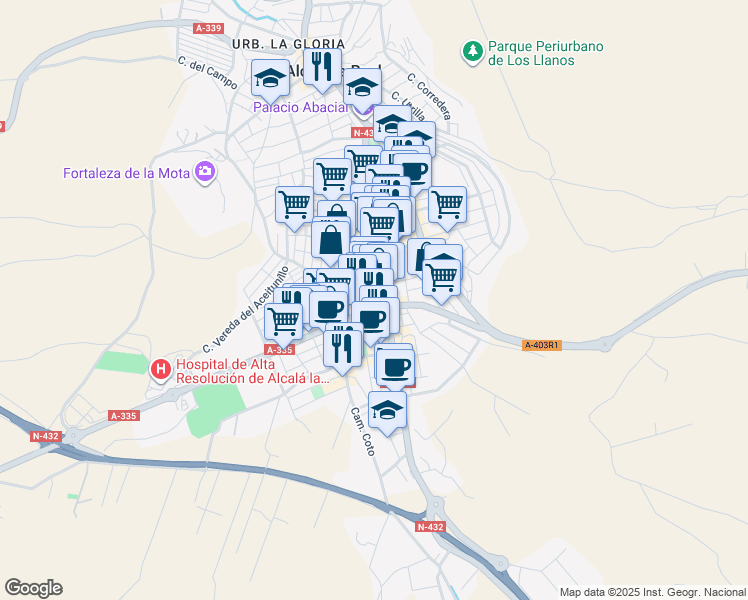map of restaurants, bars, coffee shops, grocery stores, and more near 2A Avenida Iberoamérica in Alcalá la Real