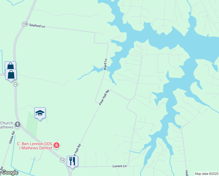 map of restaurants, bars, coffee shops, grocery stores, and more near 15 South Point Lane in Mathews