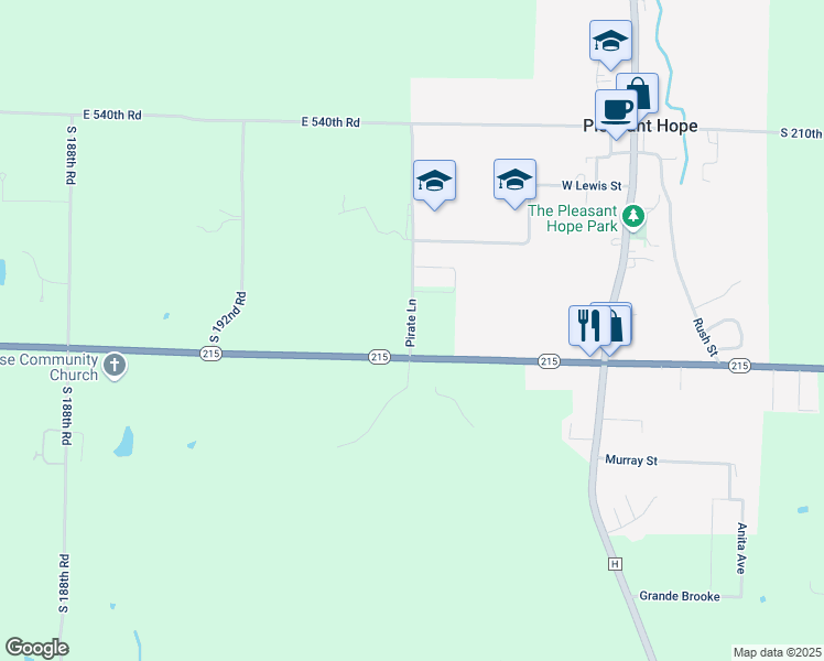 map of restaurants, bars, coffee shops, grocery stores, and more near 505 Pirate Lane in Pleasant Hope
