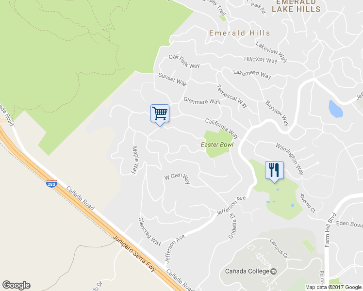 map of restaurants, bars, coffee shops, grocery stores, and more near California Way in Redwood City