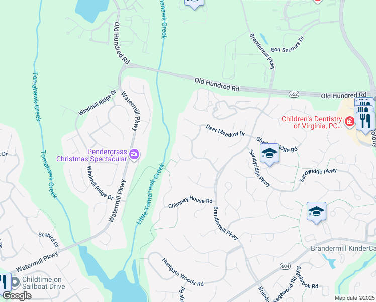 map of restaurants, bars, coffee shops, grocery stores, and more near 14303 Birnam Woods Drive in Midlothian