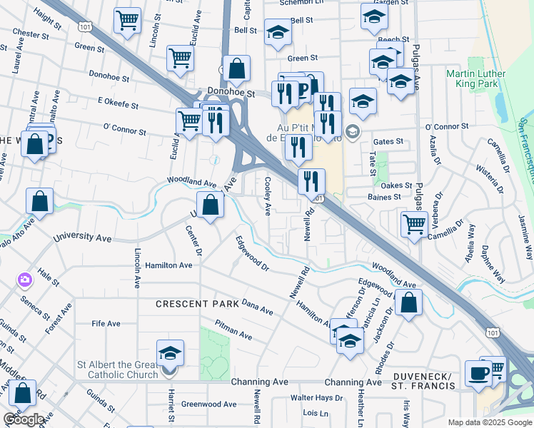 map of restaurants, bars, coffee shops, grocery stores, and more near 1933 Cooley Avenue in Palo Alto