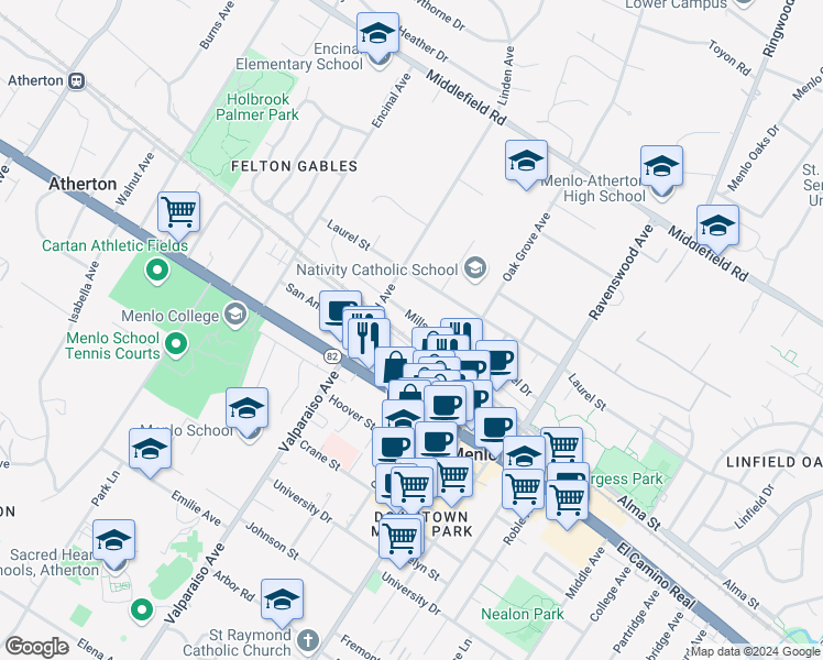 map of restaurants, bars, coffee shops, grocery stores, and more near 1309 Mills Street in Menlo Park