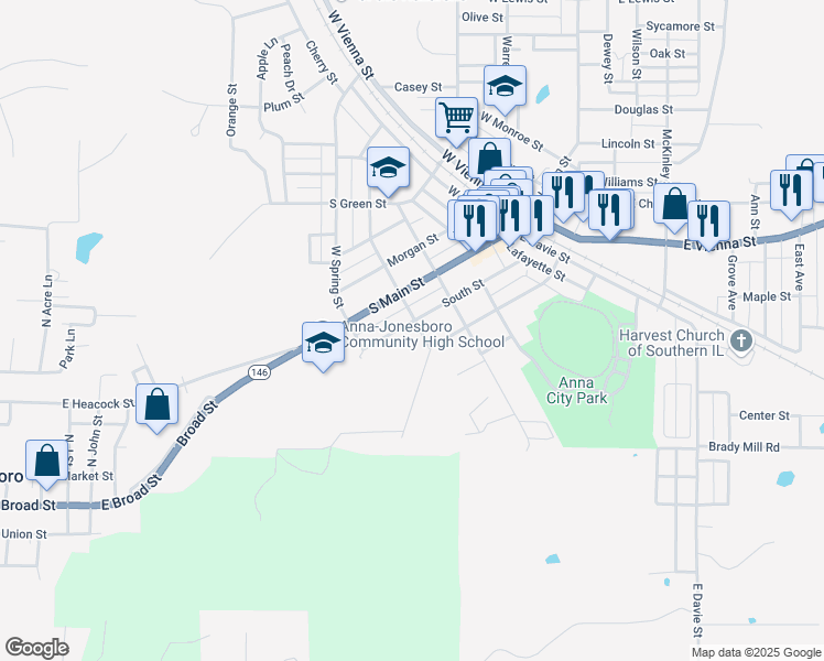 map of restaurants, bars, coffee shops, grocery stores, and more near 201 East High Street in Anna