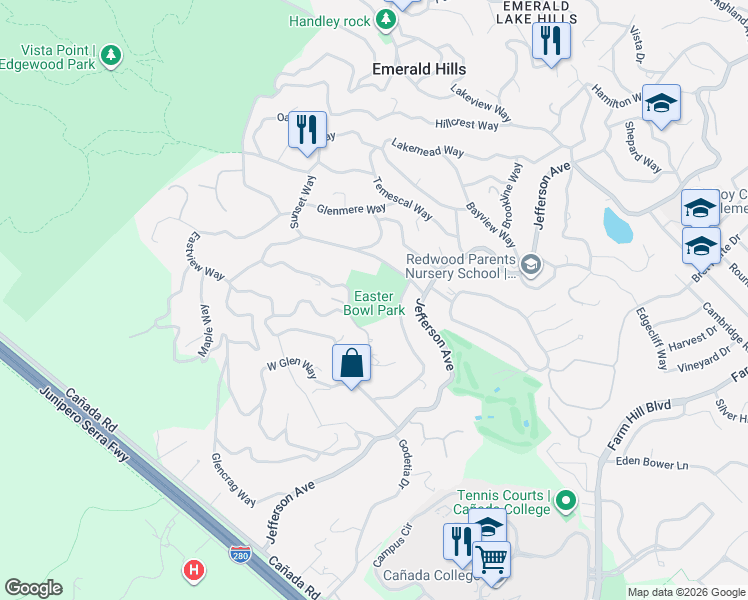 map of restaurants, bars, coffee shops, grocery stores, and more near 840 California Way in Emerald Hills