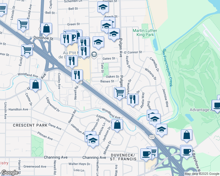 map of restaurants, bars, coffee shops, grocery stores, and more near 1885 East Bayshore Road in East Palo Alto
