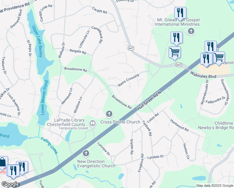 map of restaurants, bars, coffee shops, grocery stores, and more near 2706 Birkdale Lane in Richmond