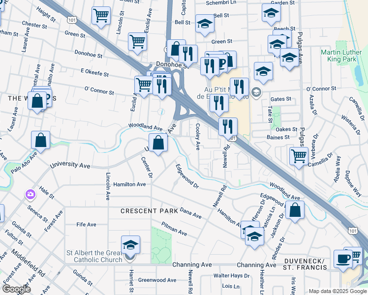 map of restaurants, bars, coffee shops, grocery stores, and more near 1633 Woodland Avenue in Palo Alto